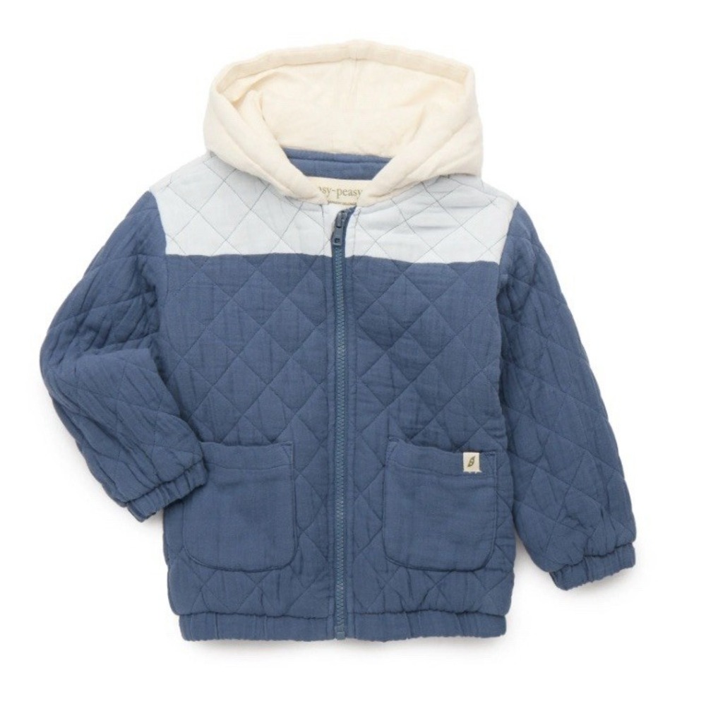 easy-peasy Organic Cotton Size 2 Blue Quilted Gauze Hooded Zip-Up Jacket